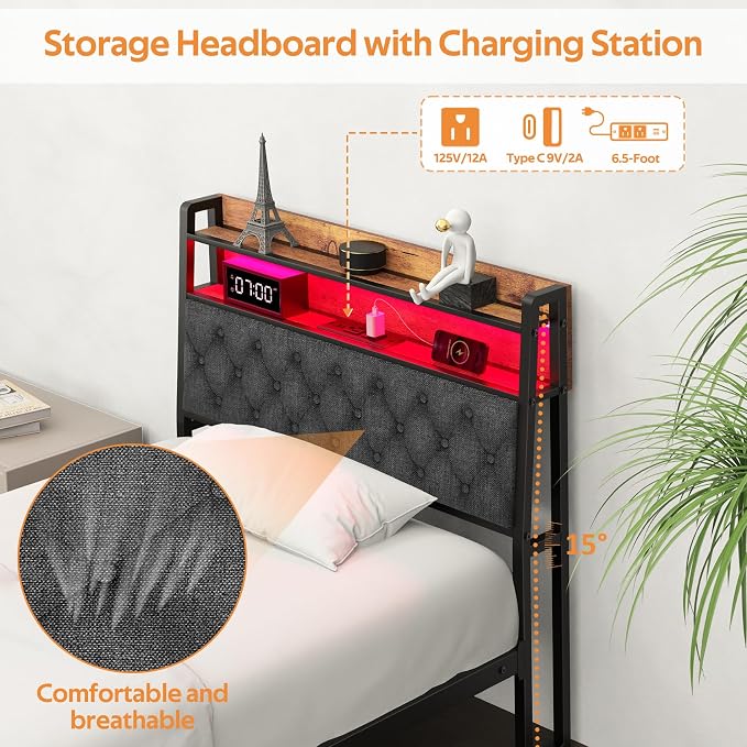 Winkalon Twin Metal Bed Frame with RGB Lights, Charging Station, Upholstered Headboard, Storage Shelves & Under Bed Space, Powder Coated, 250 lbs Capacity