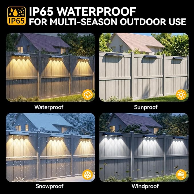 11.81inch Solar Fence Lights Outdoor Waterproof, 3-Mode (3000K/4000K/6000K),4 LED with Upgraded High-Efficiency Solar Panel & Wide Beam for Backyard/Patio/Deck/Step/Home Improvement(8 Pack)