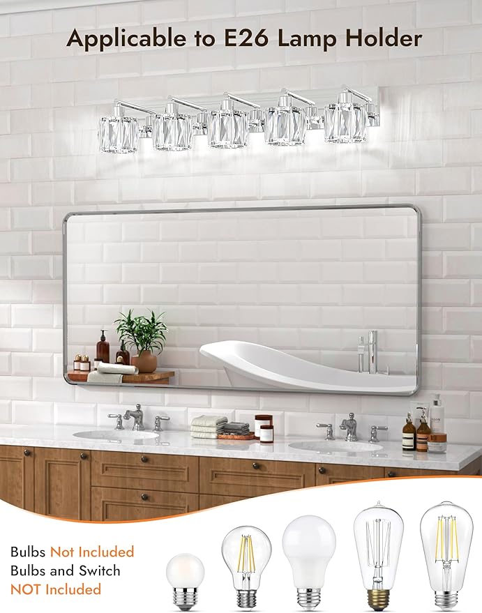 VOLISUN Crystal Vanity Lights - 5 Light Modern Stainless Steel & Chrome Bathroom Light Fixtures Over Mirror - UL Certificated (Exclude Bulb)