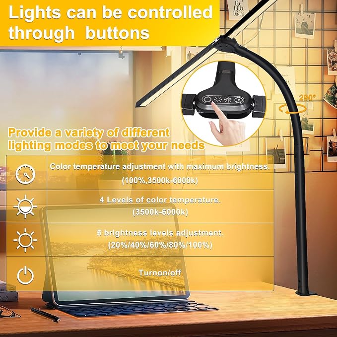 Double Head LED Desk Lamp for Office - Eye Caring Lamp with Clamp | Flexible Adjustable Lighting Gooseneck Desk Light, 4 Color Modes & 5 Brightness Levels for Monitor Workbench Study
