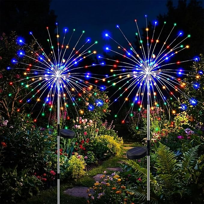 6-Pack Solar Firework Lights for Outside Waterproof Garden Fairy Lights | Adjustable 32"-51" tall, 200 LED stainless steel stake starburst lights with 8 modes for pathway patio decorations.