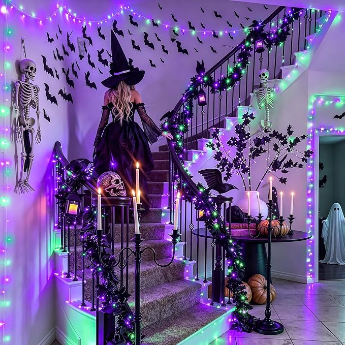 JMEXSUSS 200 LED Purple Green Halloween Lights Indoor Outdoor,Christmas Lights Clear Wire Plug in for Halloween Tree Decorations