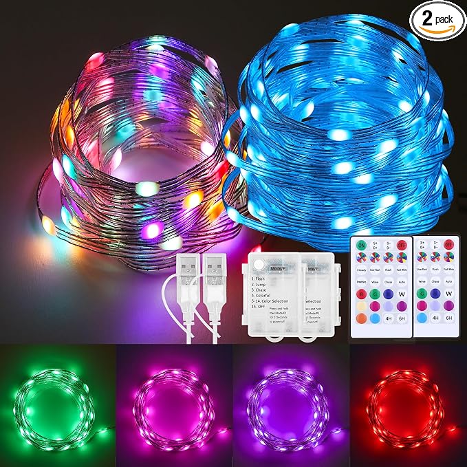 osteplus Fairy Lights Battery Operated String Lights Color Changing 2 Pack | 16.4FT Twinkle Lights with remote USB Plug or Battery Powered, Outdoor Christmas Decorations for Bedroom Wedding Party Indoor