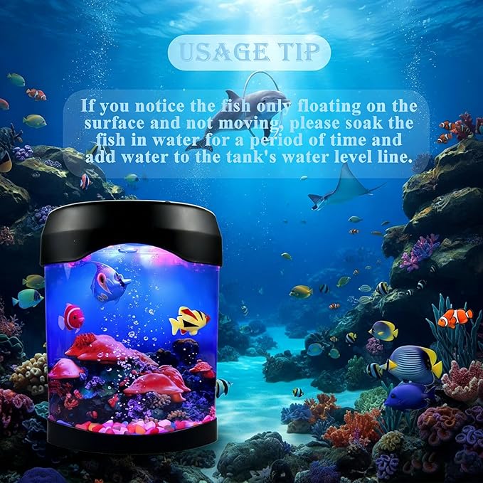 Toycol Fake Fish Lamp, Nightly Lifelike Desk Electric Mood Light, LED Light Tank with 6 Color Changing and (5 Fake Fish) Mini Aquarium for Home Office Deco Adults,Gifts for Kids and Adults