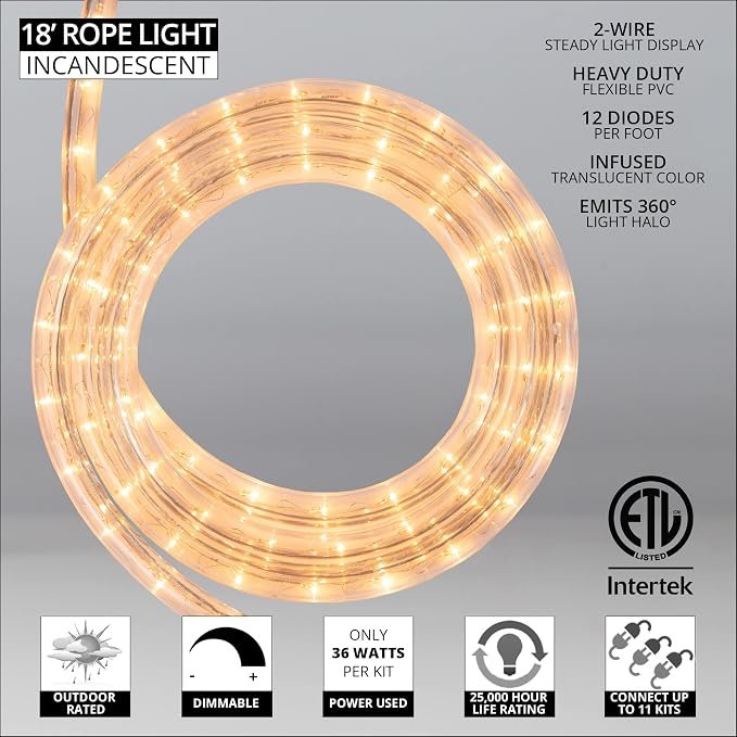 Wintergreen Lighting 18ft 216-Bulb Heavy Duty Incandescent Rope Light Kit, Connectable 120V ETL Indoor Rope Lights Plugin Outdoor Tube Lights for Garden, Patio, Party, Christmas, Clear
