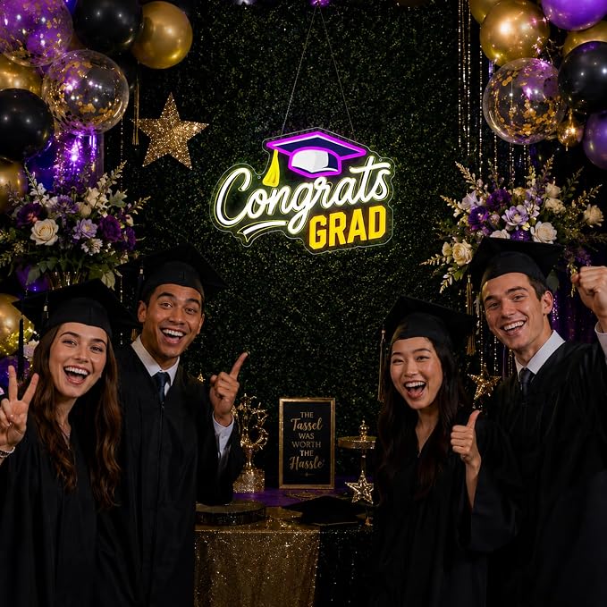 Congrats Grad Neon Sign Dimmable LED Graduation Party Wall Decor | Congrats LED Neon Light with Graduation Cap for Classroom, Dorm, Prom Backdrop, Graduation Party Decorations & Gifts