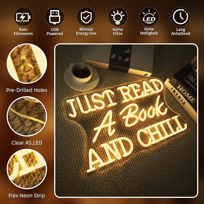 Just Read a Book and Chill White LED Neon Lights Wall Decor LED Sign with Dimmable Switch Neon Light Up Sign for Classroom Bookstore Library Study Room Reading Party