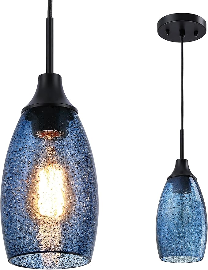 Viinew Mini Glass Pendant Light 1-Pack Dark Blue Seeded Hanging Light | Industria Glass chandeliers Blue Glass Pendant Light Oval Lamp Ceiling Pendant Light Blue Glass Pendant Light