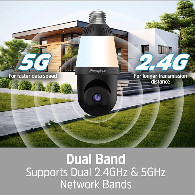 Energizer Smart 2K Light Bulb Security Camera, 1000 Lumens LED Light, 5G&2.4G Wi-Fi Outdoor Socket Camera, Pan Tilt Auto Tracking, (Black, App Enabled Smart Detections)