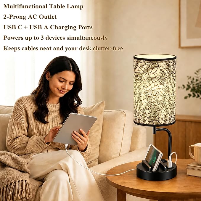 Dreamholder Touch Control USB Table Lamp with USB C/A & AC Outlet, 3-Way Dimmable Bedside Lamp, Modern Nightstand Lamps for Bedroom Living Room Guest Room Office, Bulb Included, Miracle Black