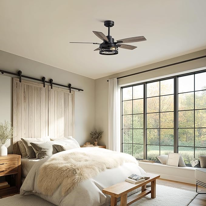 42-Inch Farmhouse Flush Mount Ceiling Fan with Light Vintage Wood-Grain Quiet High-Power APP + Remote. Ideal for Indoors Bedrooms, Living Rooms Patios.