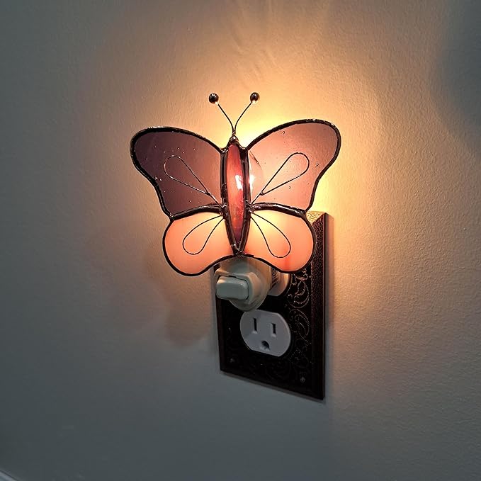 Gift Essentials Pink and Purple Butterfly Plug in Night Light - Stained Glass Nightlight with On/Off Rocker Switch - Includes One 4 Watt Replaceable Incandescent Warm Glow Bulb