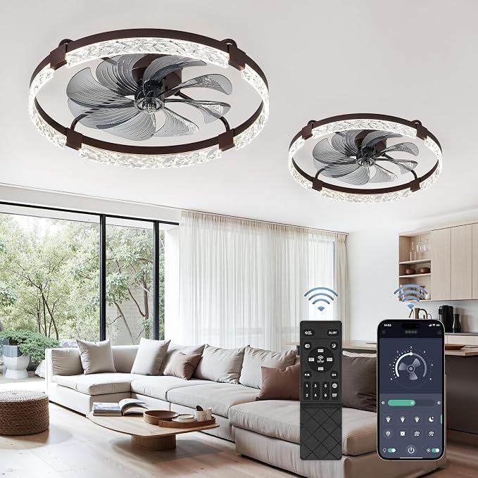 LEDIARY 2 Pack 24" Ceiling Fans with Lights and Remote, Fandelier Brown | 3CCT, 6 Speeds, Dimmable Low Profile, Flush Mount Ceiling Fan, Timer, Reversible, Memory, Bedroom, Living Room, Kitchen