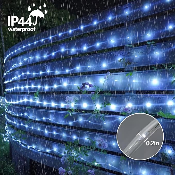 YEGUO Solar Rope Light Outdoor Waterproof, 66ft 200 LED White String Lights, 8 Modes Tube Christmas Lights in Clear Thin Tube
