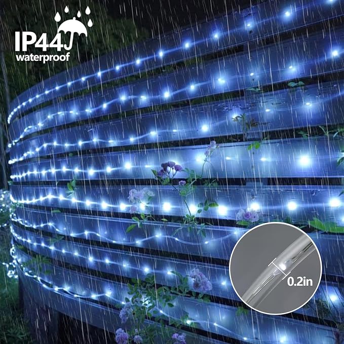 YEGUO Solar Rope Lights Outdoor Waterproof, 2 Packs Each 33ft 100 LED String Lights, 8 Modes Fairy Lights in Clear Thin Tube(White)