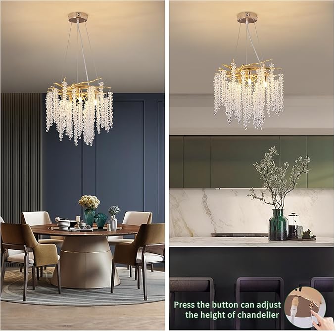 Tree Branches Chandeliers Luxury Round Raindrop Crystal Pendant Light Fixture 8 Light Tassel Ceiling Hanging Light for Dining Room Bedroom Living Room Entryway 15.8" Gold