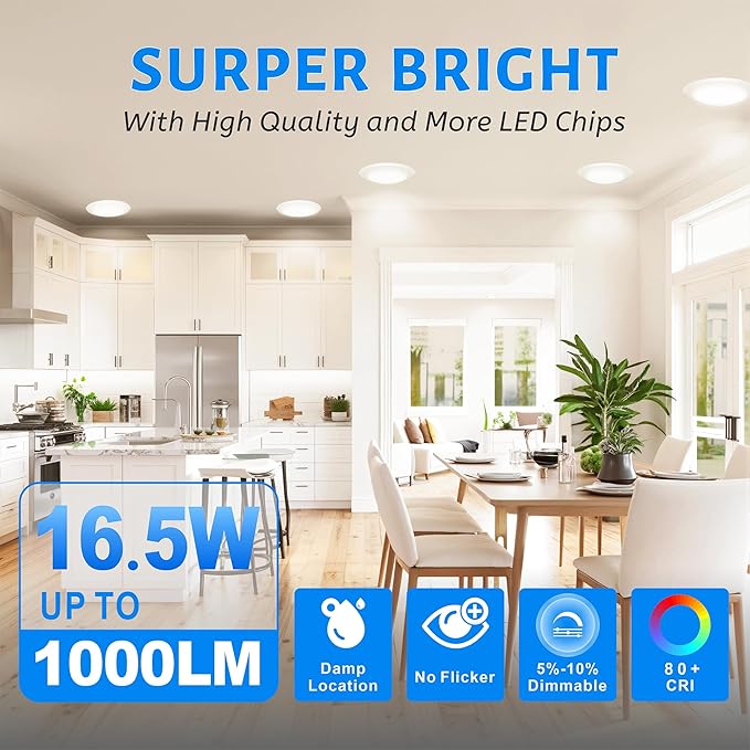 ECOELER 5/6inch LED Disc Light, 16.5W 1100LM, 3000K/4000K/5000K Selectable, Dimmablel Flush Mount Ceiling Light, Installs with J-Box or Recessed Can, ETL & FCC Listed, 24 Pack