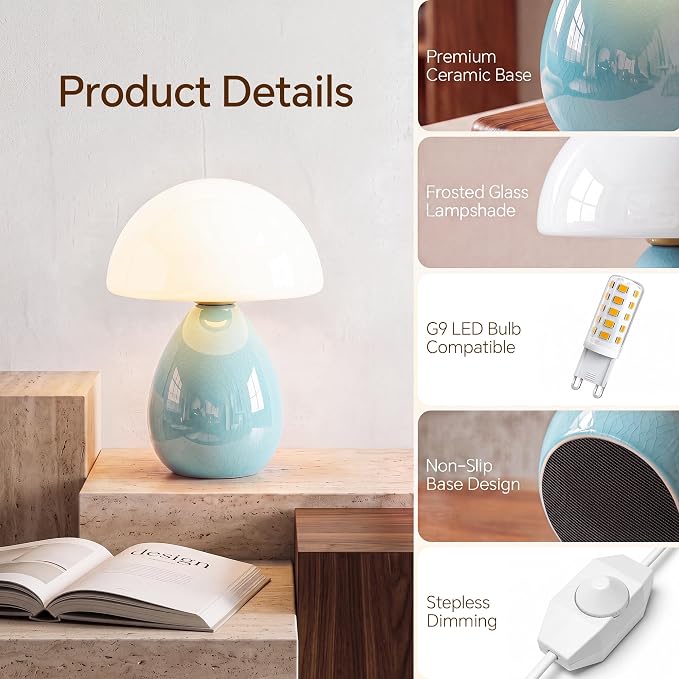 Mushroom Lamp Table Lamp for Bedroom,Ice Crackle Desk Lamp Bedside Small Lamps for Living Room Night Stands,Table Lamps Cute Modern Mid Century Lamps (Blue-Ice Crackle)