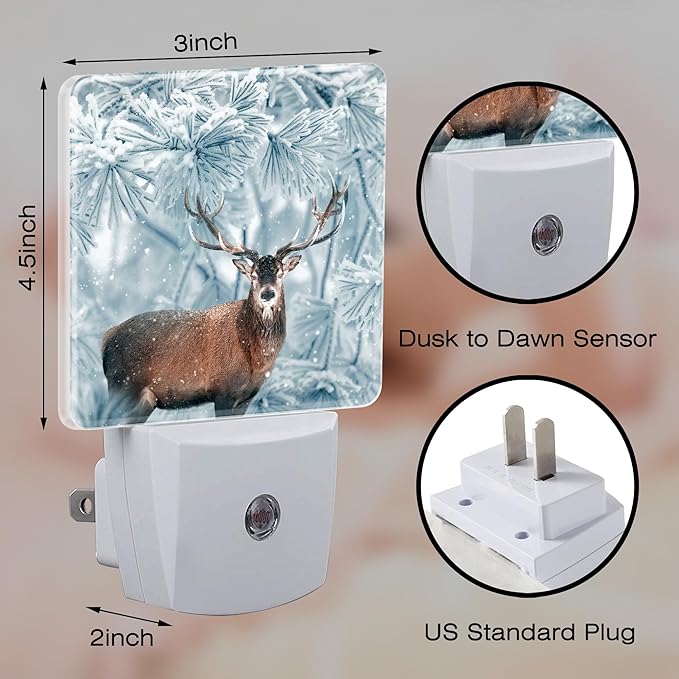 Red Deer in Winter Forest Night Light Plug into Wall, Beautiful Christmas Scenery Dusk to Dawn Night Light,0.5w Energy Saving Sleep Friendly Nightlights for Kids Boys Girls Home Decor