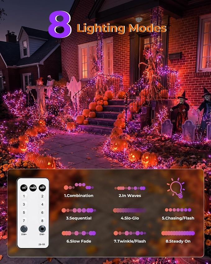 Halloween Fairy Lights Plug in, String Lights for Halloween Decorations | 10FT 200LEDs, 1 Pack with Remote, Orange&Purple, Waterproof Firecracker Lights for Window Bar Haunted Theme Halloween Decor