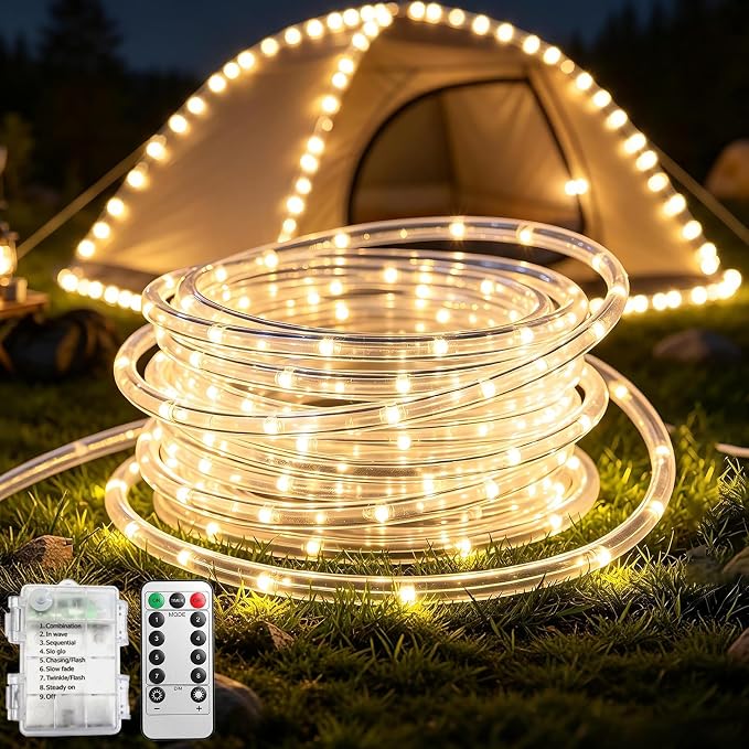 Rope Lights for Outside, 100LED Warm White Battery String Lights | Rope Lights Outdoor with 8 Modes Remote&Timer, Waterproof Battery Operated Camping Lights for Car Trampoline