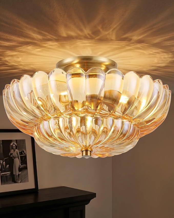 Semi Flush Mount Ceiling Light Fixture 14" Vinatge Gold Ceiling Lights Mid Century Modern Glass Close to Ceiling Lighting Fixtures for Bedroom Hallway Kitchen Laundry Room Bathroom Foyer