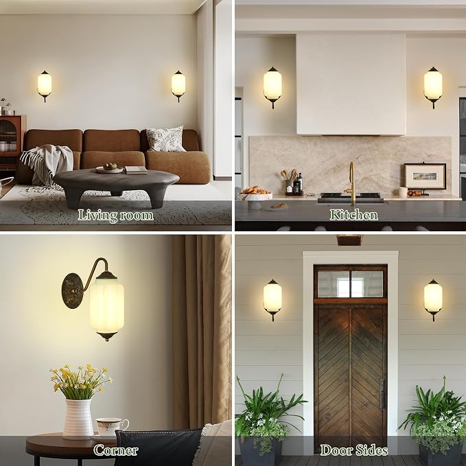 Vintage Milk Glass Wall Sconce - Antique Green Dimmable Sconce Bulb×1 | Mid Century Brass Gold,Up or Down Install,Art Deco Retro Vanity Light Fixture for Hallway Bathroom Bedroom Bedside Door Sides