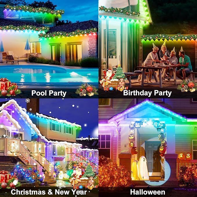 MUCCCUTE Permanent Outdoor Lights for Valentines150ft RGB + IC Eaves Lights with App & Remote Control, Outdoor String LED IP67 Waterproof for Holidays New Year July 4th Roof Eaves House Garden Decor