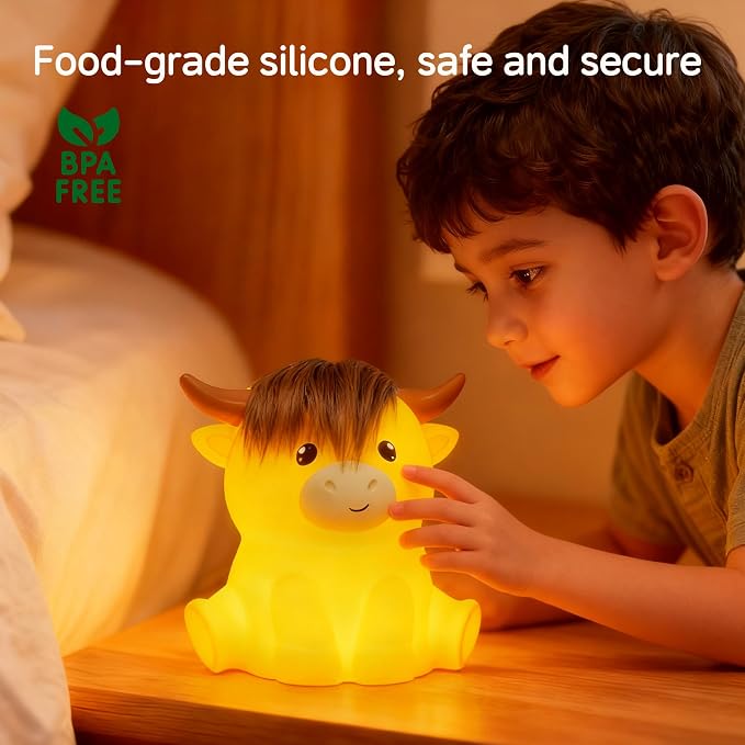 Led Cute Highland Cow Night Light, Dimmable Timer Nursery Kawaii Lamps, Super Squishy Silicone USB Rechargeable Touch Control Night Lamp, Used for Camping Party Room Decor (Highland Cow)