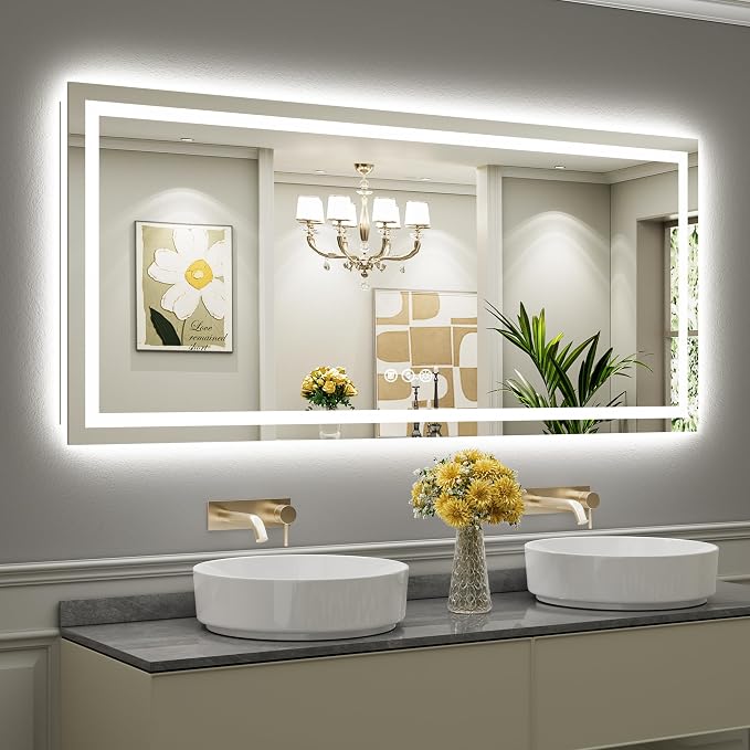 72x32 Inch LED Bathroom Mirror with Lights, Backlit & Front Lit | Anti-fog, 3 Color Dimmable, Memory Function, HD Reflection Tempered Glass, ETL Listed, IP54 Waterproof