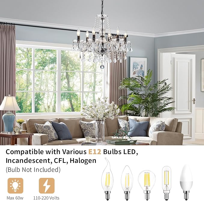 Crystal Chandelier Light Fixture, Modern K9 Crystal Chandeliers for Dining Room, 6-Lights Black Ceiling Light, Adjustable Hanging Pendant Light Fixture for Living Room Entryway Kitchen Island Hallway