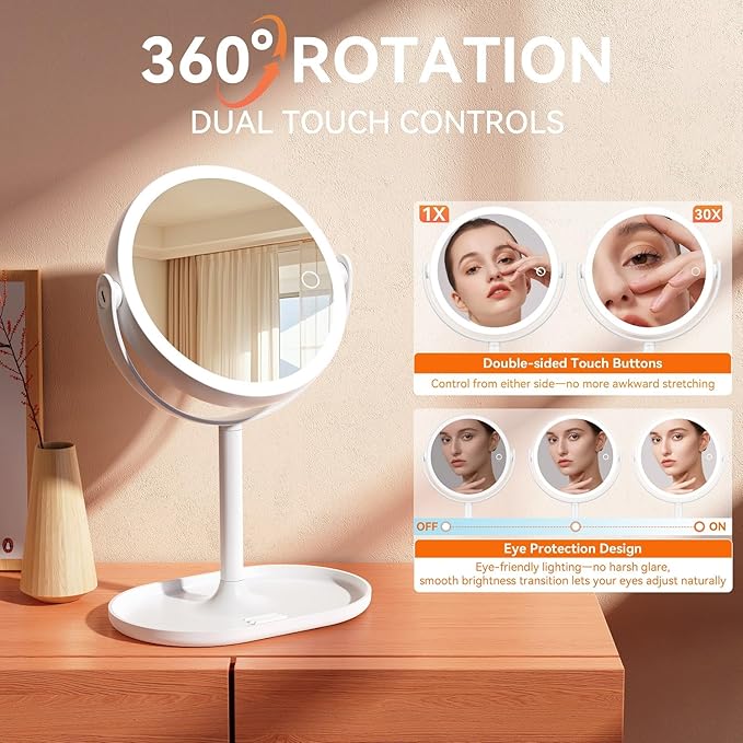 Auxmir Makeup Mirror with Lights, Double Sided 30X/1X Magnifying Mirror with Light, 3 Color Stepless Dimmable with Touch Screen, Rechargeable 360° Free Standing Vanity Mirrors for Bathroom, Bedroom