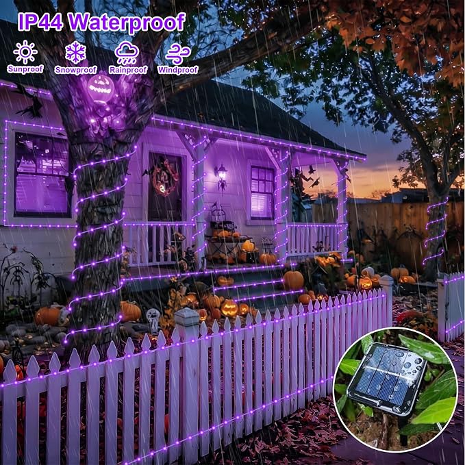 QITONG Purple Solar Halloween Lights, 66ft 200 LED Solar Rope Lights Outdoor, 8 Modes Fairy Lights in Clear Thin Tube