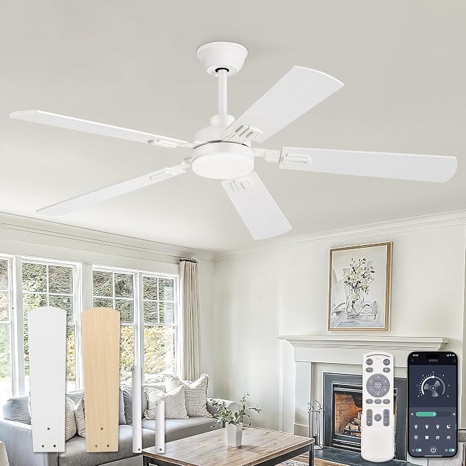 ZMISHIBO 52" Ceiling Fans with Lights and Remote, White Modern for Indoor | 24W 2400LM Bright LED, 3CCT, Dimmable, App Control, Farmhouse Dual Finish Blades, Quiet&Strong Motor for Bedroom, Living Room