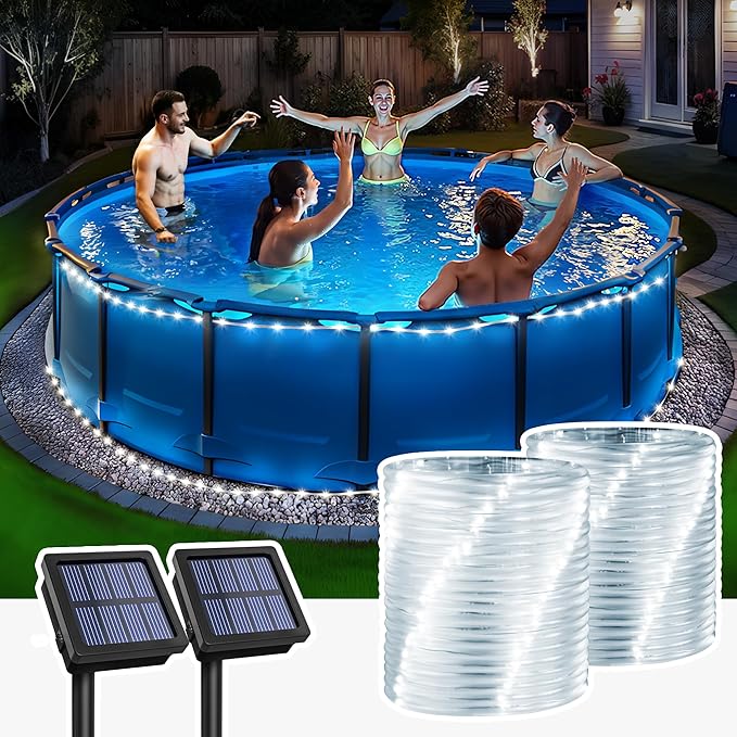 GIGALUMI 2 Pack LED Solar Rope String Lights Outdoor Waterproof, Cool White | Total 72FT 200LED, 8 Modes IP65, Solar Strip Lights for Outside Tree Fence Railing, Decorative Lighting for Patio Yard Porch