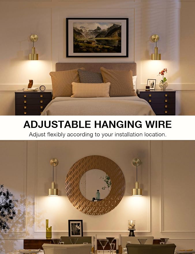 Battery Operated Wall Sconce Set of 2, Gold Wireless Rechargeable Wall Lights with 5200mAh Dimmable Detachable Bulbs and Remote, 9 Colors Sconces Wall Decor for Bedroom Living Room Hallway