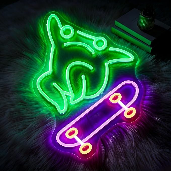 Frog Neon Lights Signs Neon Sign Led Sign Light for Wall Decor | Skateboard Frog Neon Sign for Room Decor,Man Cave Decoration,Dormroom,Wall Decor,Gift,5V USB Powered Dimmable