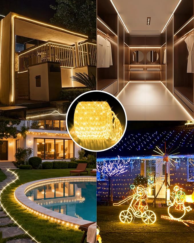 LED Rope Light, IP65 Tube Light for Christmas Patio Trees Decor, 80FT 3000K | Waterproof Clear Tube Light Plug in, 864 Warm White LEDs 110V Flexible Cuttable Connectable for Outdoor Balcony Bedroom