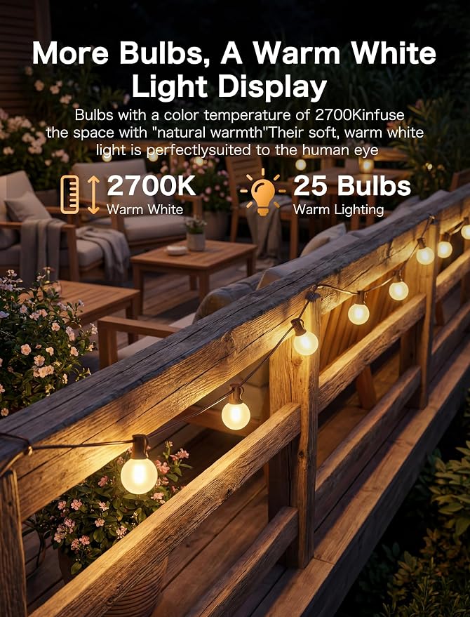 25FT Brown Outdoor String Lights, Shatterproof LED Globe String Lights with 25 G40 LED Frosted White Bulbs, Waterproof Connectable Hanging Light for Backyard Patio Porch Balcony Party Decor, E12 Base