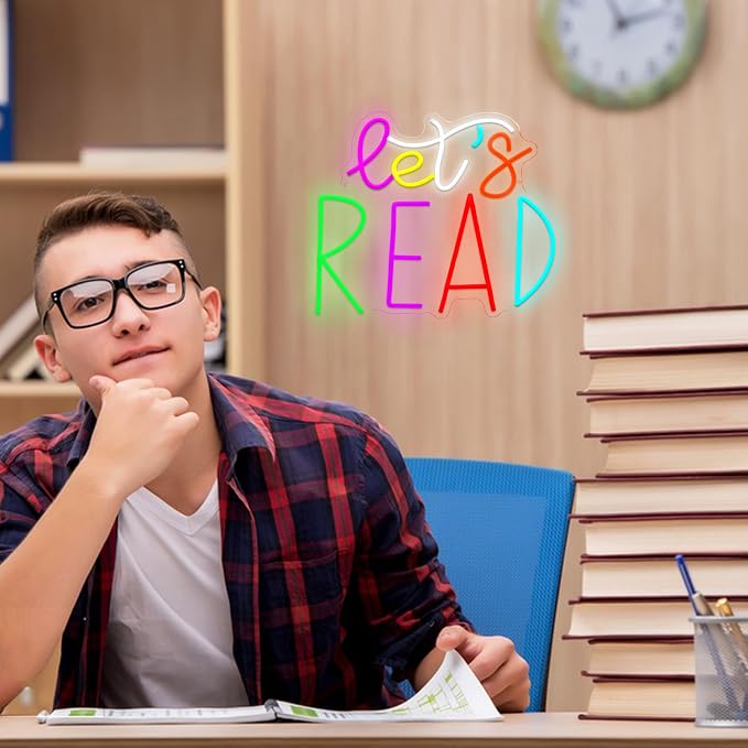 Let's Read Neon Sign for Wall Decor Neon Light Reading USB Powered Reading Motivational Light LED Sign for Classroom School Study Space Bedroom Club(12.6 * 15.35In)