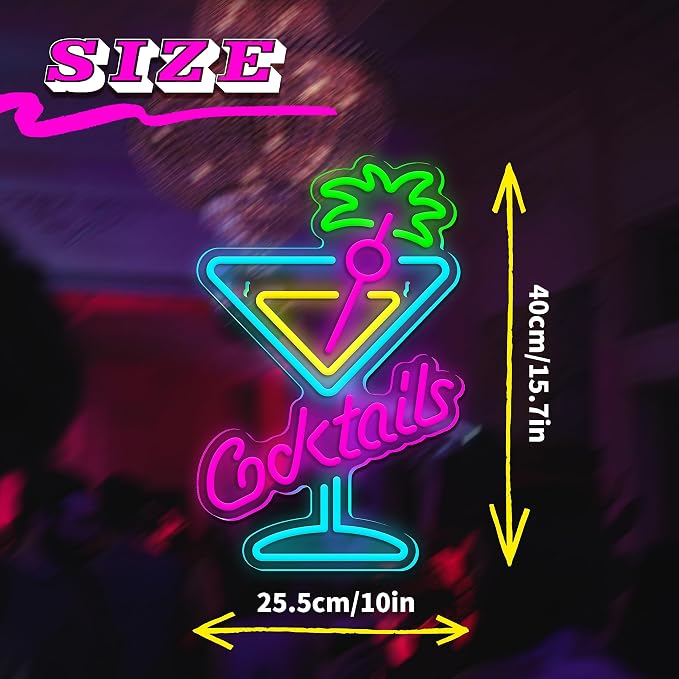 Cocktails Neon Sign Cocktail Glass LED Neon Signs Art Wall Lights for Beer Bar Decor Dimmable USB Powered Martini LED Neon Light for Party, Cocktails Bar, Pub, Night Club, Man Cave Decoration