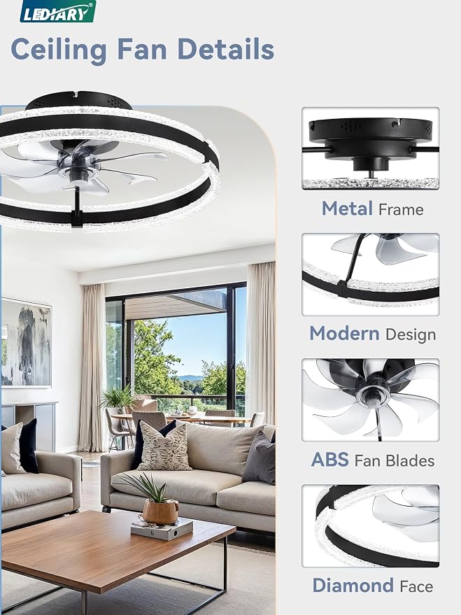 LEDIARY 20'' Low Profile Ceiling Fans with Lights and Remote, Black, 2 Pack | 3000-6000K Dimmable LED, 6 Wind Speeds, Quiet Reversible DC Motor, Small Flush Mount Fandelier for Bedroom, Living Room