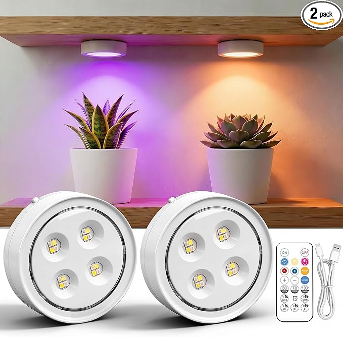 2 Pack Rechargeable Grow Light for Indoor Plants, Cordless Light | Magnetic Plant Lights for Indoor Growing, Full Spectrum LED Lighting with Timer & Remote, Stepless Dimming for Plant Shelf