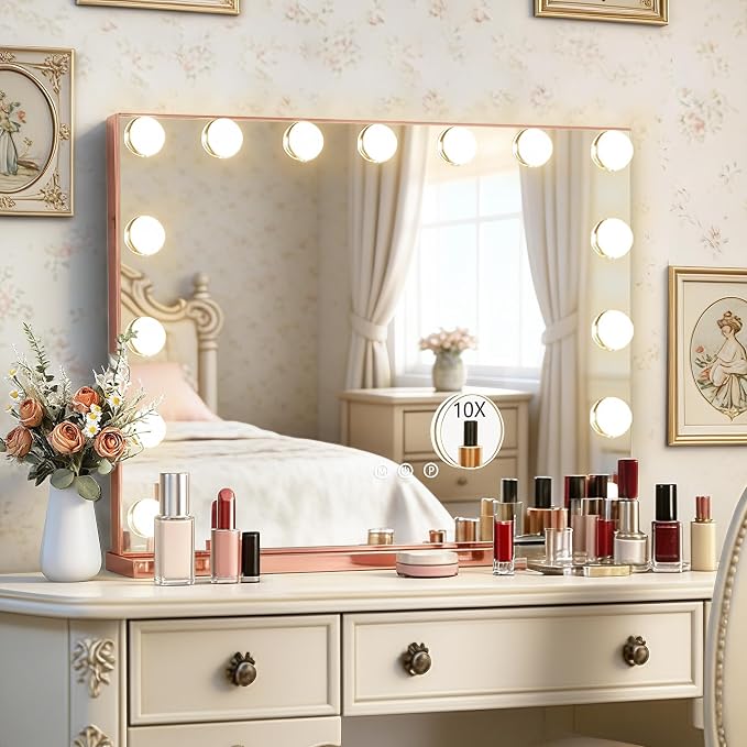 Ratsamee Rose Gold Hollywood Vanity Mirror with Lights, 15 Dimmable Bulbs, 3 Color Lights,Make Up Lighted Mirror, Aluminum Metal Frame, USB Charging Port（23" x 18"）