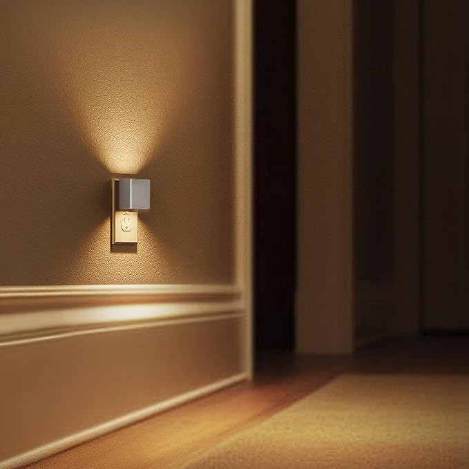 L LOHAS LED Night Light,Night Lights Plug into Wall,[2-Pack] | Dimmable Night Light with Light Sensor,3000K Warm White,Silver Nightlight for Bathroom Hallway Kitchen