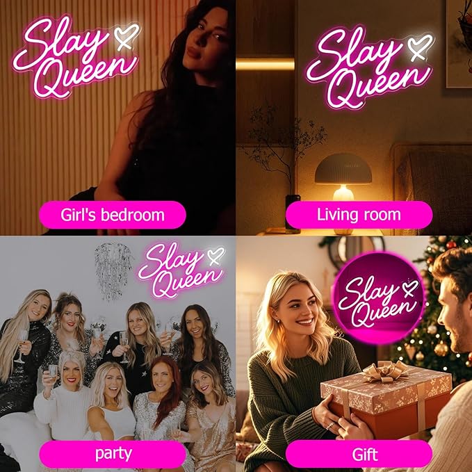 Slay Queen Neon Sign, Pink LED Light Up Signs for Wall Decor Dimmable Girls Neon Sign for Bedroom Dorm Aesthetic Preppy Room Decor Y2k Birthday Party Gifts for Girls