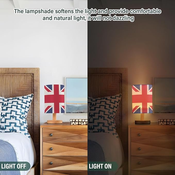Table Lamp British Flag England London Union Jack Nightstand Lamp with Wood Base Fabric Lamp Shade Bedside Desk Lamp for Living Room Bedroom Kids Room Office