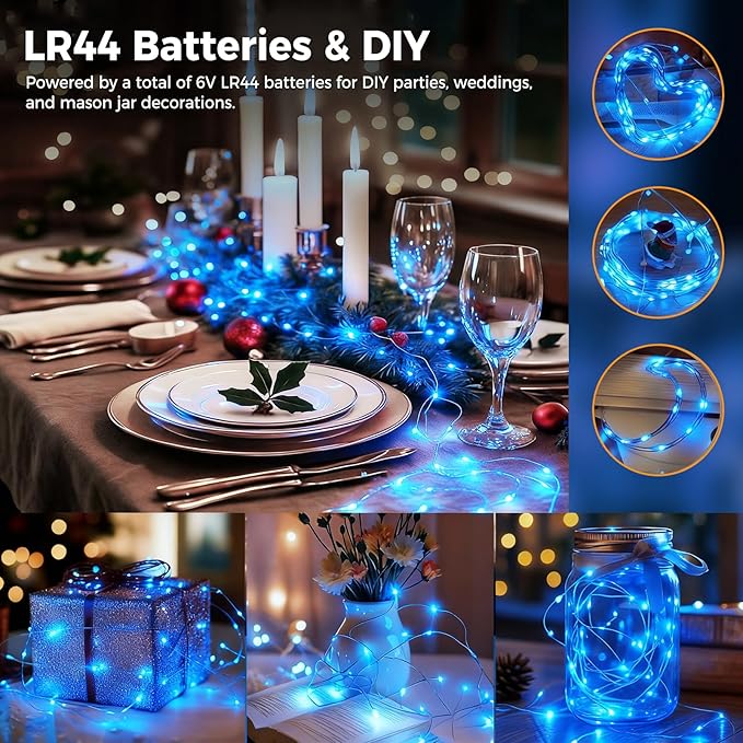 litogo 6 Pack Blue Fairy Lights Battery Operated with Timer, 20 LED 3 Modes Twinkle Light, 7ft Waterproof Silver Wire Mini Small Bulk Mason Jar String Light, Decor for Wedding Party Christmas