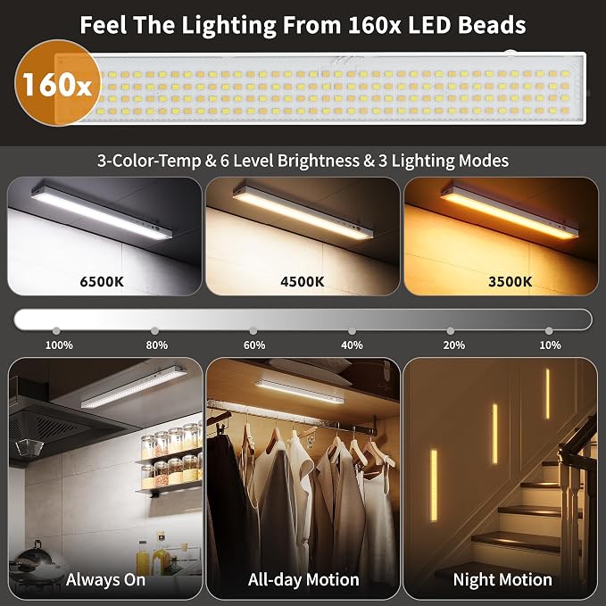12" Under Cabinet Lights Wireless Rechargeable, Motion Sensor, 3Pack, White | Touch & Remote Control丨160 bright LEDs丨4000mAh Battery丨Dimmable 3 color temps丨Magnetic install for kitchen counter, closet