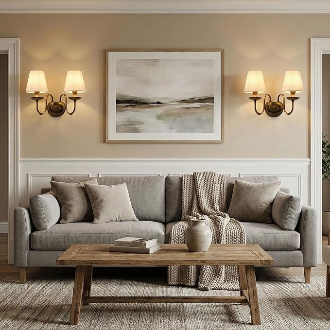 Aiwen 2-Light Bedroom Wall Lamps Polished Solid Brass Finish Wall Lights with White Flax Fabric Shade Vintage Reading Lights Wall Sconces for Bedside Hallway E12